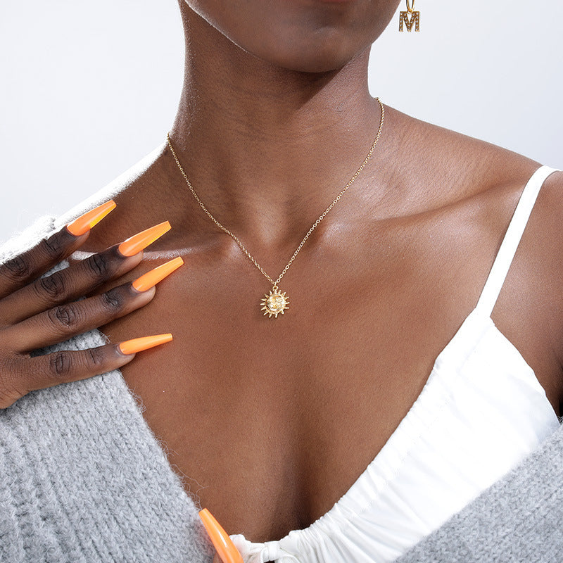 Sun Pendant Necklace Women Gold Plated 18K