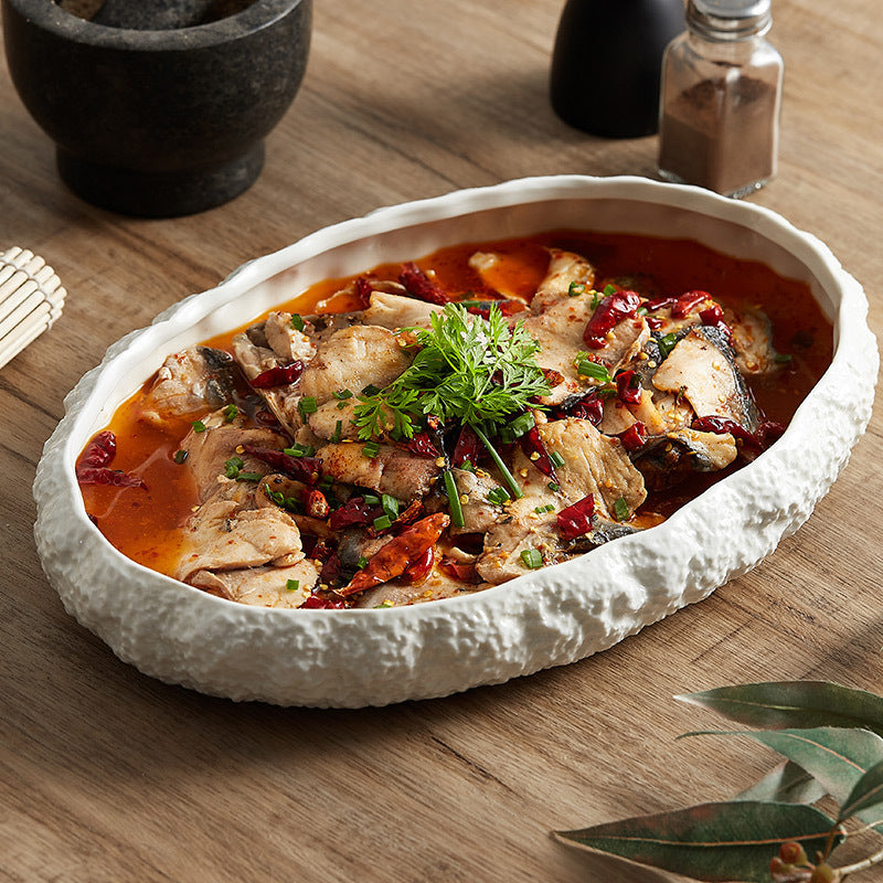 Rock Pattern Ceramic Deep Fish Steaming Plate Ceramic