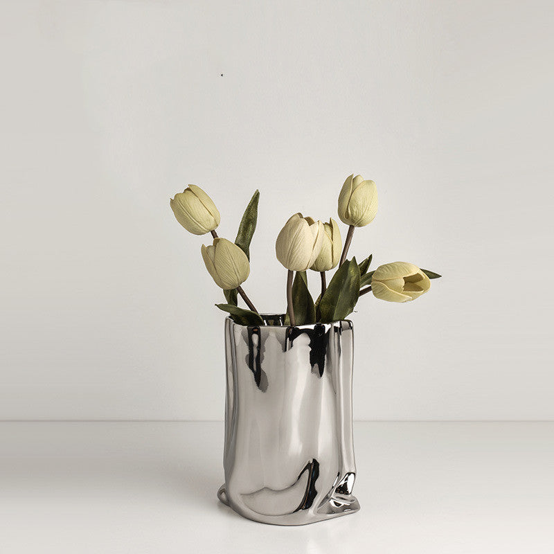Vase minimalist Electroplated Silver Ceramic Vase Floral Soft Decoration