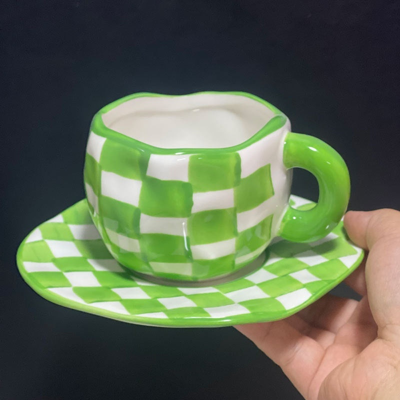 Retro Hand-painted Black And White Chessboard Grid Coffee Set Hand-pinching Irregular
