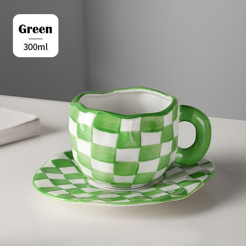 Retro Hand-painted Black And White Chessboard Grid Coffee Set Hand-pinching Irregular