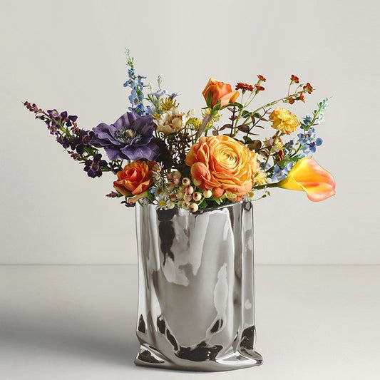 Vase minimalist Electroplated Silver Ceramic Vase Floral Soft Decoration